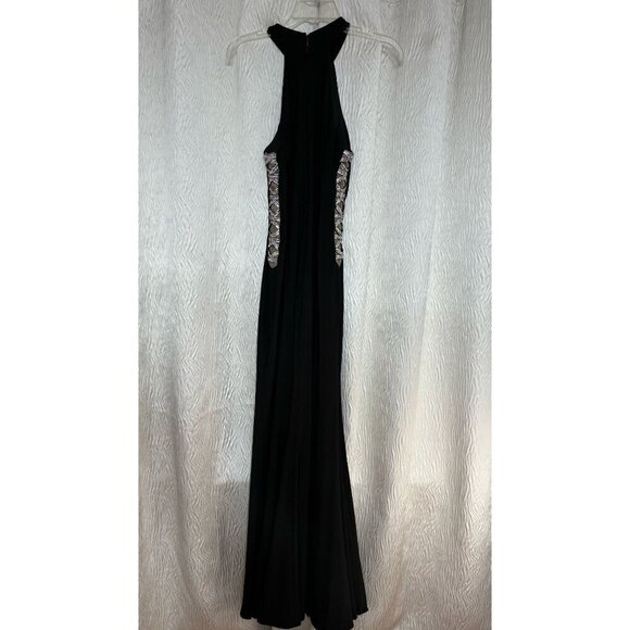 XSCAPE Size 4 Black Maxi Halter Dress With Beaded Side Panels   Sleeveless Forma - Picture 5 of 12